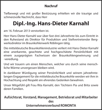 Traueranzeige von Hans-Dieter Karnahl von Mitteldeutsche Zeitung Mansfelder Land