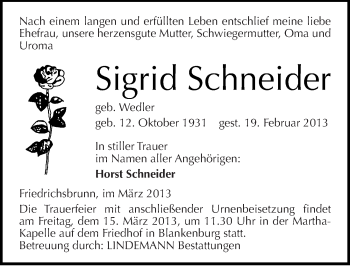 Traueranzeige von Sigrid Schneider von Mitteldeutsche Zeitung Quedlinburg