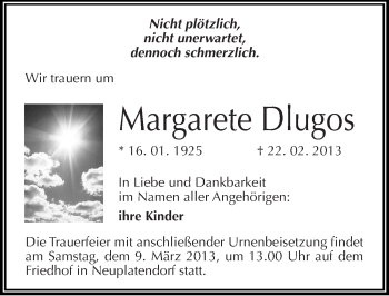 Traueranzeige von Margarete Dlugos von Mitteldeutsche Zeitung Quedlinburg