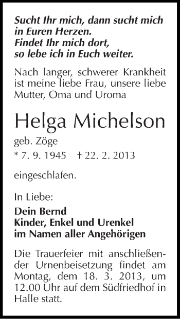 Traueranzeige von Helga Michelson von Mitteldeutsche Zeitung Halle/Saalkreis