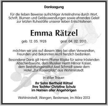 Traueranzeige von Emma Rätzel von Mitteldeutsche Zeitung Naumburg/Nebra