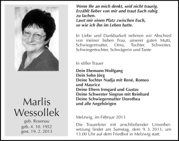 Traueranzeige von Marlis Wessollek von Mitteldeutsche Zeitung Wittenberg