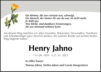 Traueranzeige von Henry Jahno von Mitteldeutsche Zeitung Naumburg/Nebra