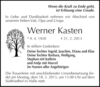 Traueranzeige von Werner Kasten von Mitteldeutsche Zeitung Halle/Saalkreis