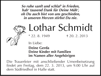Traueranzeige von Lothar Schmidt von Mitteldeutsche Zeitung Halle/Saalkreis
