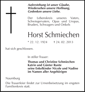 Traueranzeige von Horst Schmiechen von Mitteldeutsche Zeitung Naumburg/Nebra