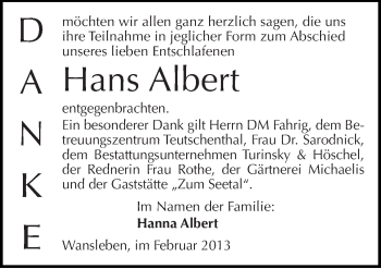 Traueranzeige von Hans Albert von Mitteldeutsche Zeitung Halle/Saalkreis