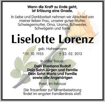 Traueranzeige von Liselotte Lorenz von Mitteldeutsche Zeitung Köthen