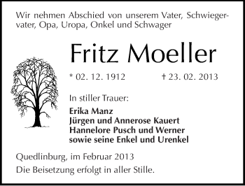 Traueranzeige von Fritz Moeller von Mitteldeutsche Zeitung Quedlinburg