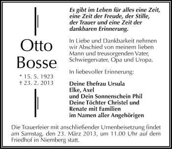 Traueranzeige von Otto Bosse von Mitteldeutsche Zeitung Halle/Saalkreis