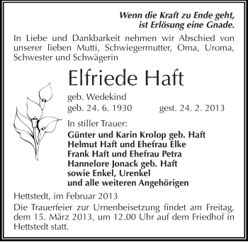 Traueranzeige von Elfriede Haft von Mitteldeutsche Zeitung Mansfelder Land