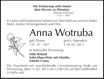 Traueranzeige von Anna Wotruba von Mitteldeutsche Zeitung Halle/Saalkreis