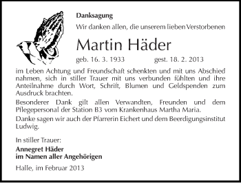 Traueranzeige von Martin Häder von Mitteldeutsche Zeitung Halle/Saalkreis