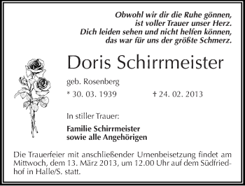 Traueranzeige von Doris Schirrmeister von Mitteldeutsche Zeitung Halle/Saalkreis