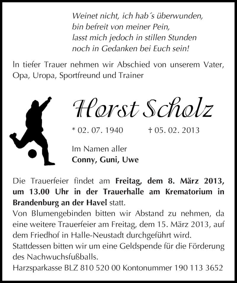  Traueranzeige für Horst Scholz vom 02.03.2013 aus Mitteldeutsche Zeitung Halle/Saalkreis