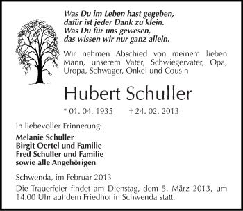 Traueranzeige von Hubert Schuller von Mitteldeutsche Zeitung Sangerhausen