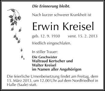 Traueranzeige von Erwin Kreisel von Mitteldeutsche Zeitung Halle/Saalkreis