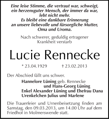 Traueranzeige von Lucie Rennecke von Mitteldeutsche Zeitung Mansfelder Land