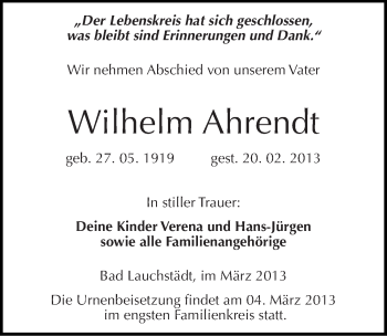 Traueranzeige von Wilhelm Ahrendt von Mitteldeutsche Zeitung Merseburg/Querfurt