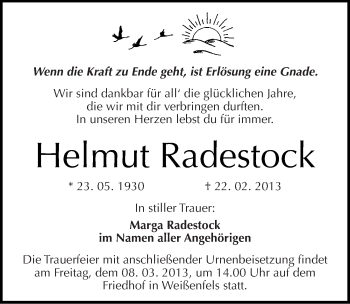 Traueranzeige von Helmut Radestock von Mitteldeutsche Zeitung Weißenfels