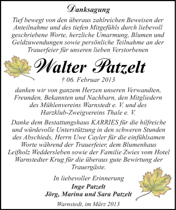 Traueranzeige von Walter Patzelt von Mitteldeutsche Zeitung Quedlinburg