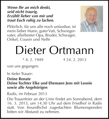 Traueranzeige von Dieter Ortmann von Mitteldeutsche Zeitung Wittenberg