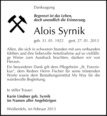Traueranzeige von Alois Syrnik von Mitteldeutsche Zeitung Weißenfels
