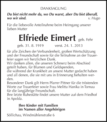 Traueranzeige von Elfriede Eimert von Mitteldeutsche Zeitung Wittenberg