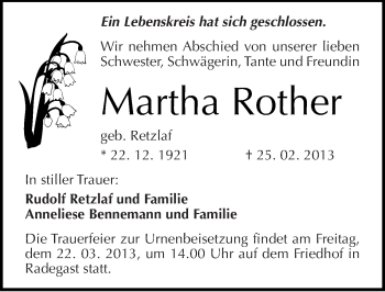 Traueranzeige von Martha Rother von Mitteldeutsche Zeitung Köthen