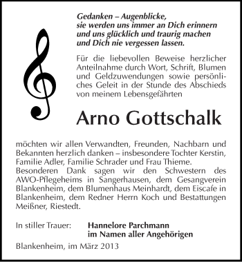 Traueranzeige von Arno Gottschalk von Mitteldeutsche Zeitung Sangerhausen