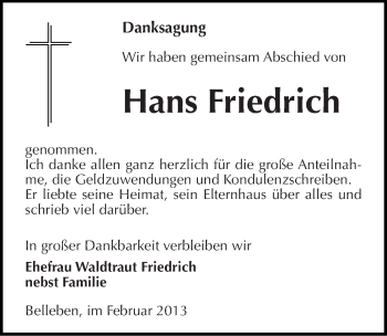 Traueranzeige von Hans Friedrich von Mitteldeutsche Zeitung Bernburg
