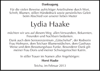Traueranzeige von Lydia Haake von Mitteldeutsche Zeitung Halle/Saalkreis