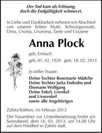 Traueranzeige von Anna Plock von Mitteldeutsche Zeitung Köthen