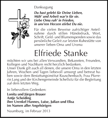Traueranzeige von Elfriede Stanke von Mitteldeutsche Zeitung Naumburg/Nebra