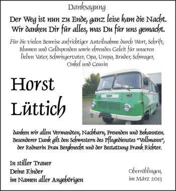 Traueranzeige von Horst Lüttich von Mitteldeutsche Zeitung Sangerhausen