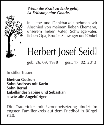 Traueranzeige von Herbert Josef Seidl von Mitteldeutsche Zeitung Wittenberg