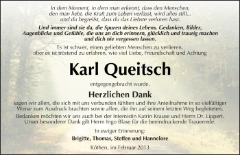 Traueranzeige von Karl Queitsch von Mitteldeutsche Zeitung Köthen