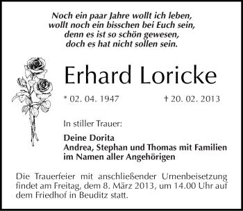 Traueranzeige von Erhard Loricke von Mitteldeutsche Zeitung Halle/Saalkreis