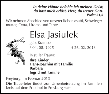 Traueranzeige von Elsa Jasiulek von Mitteldeutsche Zeitung Naumburg/Nebra