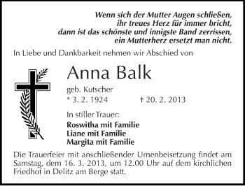 Traueranzeige von Anna Balk von Mitteldeutsche Zeitung Halle/Saalkreis