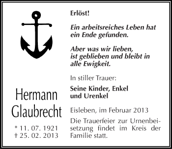 Traueranzeige von Hermann Glaubrecht von Mitteldeutsche Zeitung Mansfelder Land