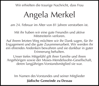 Traueranzeige von Angela Merkel von Mitteldeutsche Zeitung Dessau-Roßlau