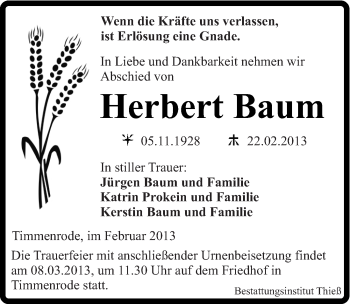 Traueranzeige von Herbert Baum von Mitteldeutsche Zeitung Quedlinburg
