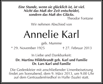 Traueranzeige von Annelie Karl von Mitteldeutsche Zeitung Halle/Saalkreis