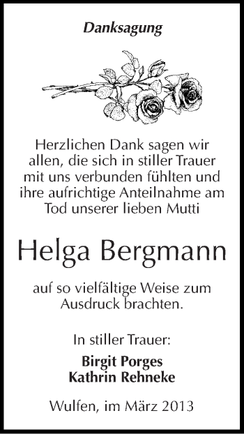 Traueranzeige von Helga Bergmann von Mitteldeutsche Zeitung Köthen
