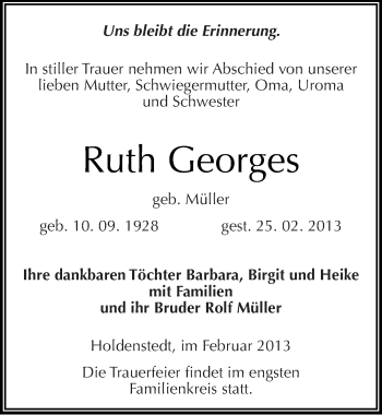 Traueranzeige von Ruth Georges von Mitteldeutsche Zeitung Sangerhausen
