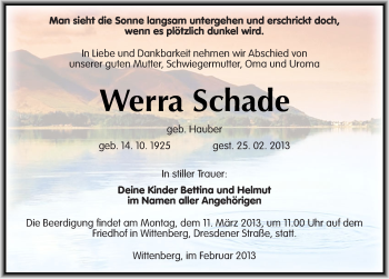 Traueranzeige von Werra Schade von Mitteldeutsche Zeitung Wittenberg