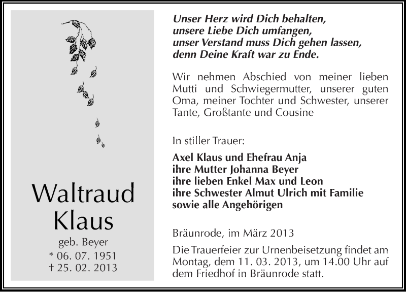  Traueranzeige für Waltraud Klaus vom 02.03.2013 aus Mitteldeutsche Zeitung Mansfelder Land