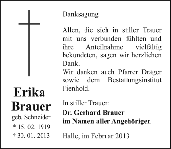 Traueranzeige von Erika Brauer von Mitteldeutsche Zeitung Sangerhausen