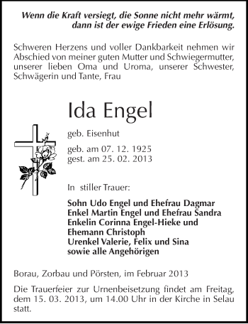 Traueranzeige von Ida Engel von Mitteldeutsche Zeitung Weißenfels